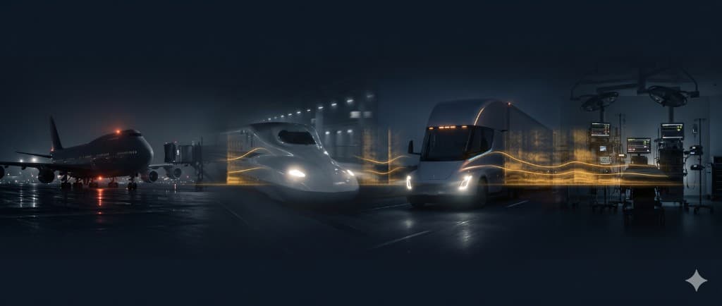 Cinematic transportation scene with golden speech signal lines